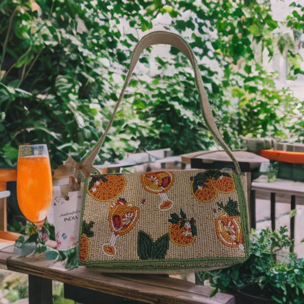 Handcrafted in India “Aperol Esque” Beaded Bag Orange and Green - Picture 3 of 7